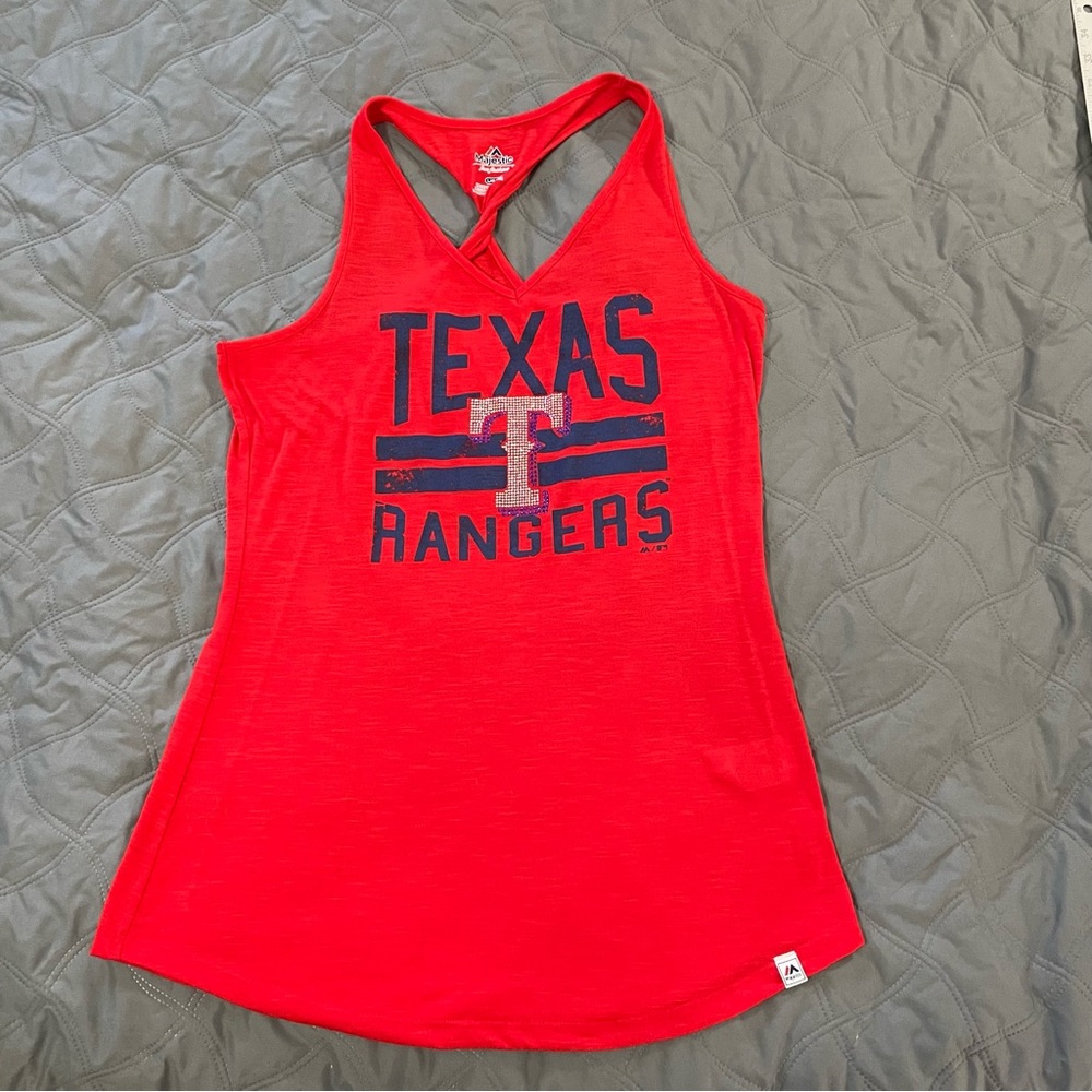 Texas Rangers MLB Twist Back Rhinestone Tank Top (Red, Large)